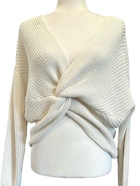 White Twist Knot Front Crop Top V Neck Long Sleeve Sweater Size L